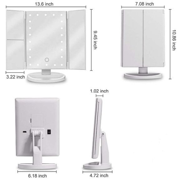 White Tri-Fold 2X 3X Magnification Vanity Mirror with 22 LED Lights - Picture 4 of 5